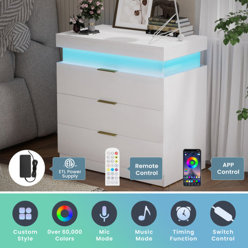 Nightstand with Charging Station and LED Lights,Night Stand with Sliding Top for Bedroom,Bedside Table with Drawers,Modern End Side Table,White.28.8''W x 17''D x 30.5''H.