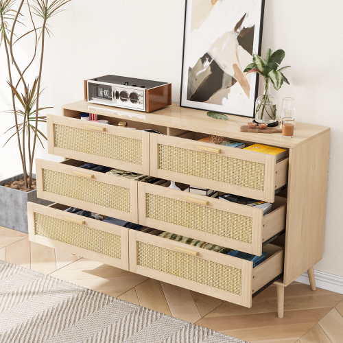 6 Drawers Chest of Dressers for Bedroom, Modern 6 Drawer Dresser, Wide Chest of Drawers with wood Handles, Rattan Dresser Storage Cabinet for Living Room, Bedroom, Hallway