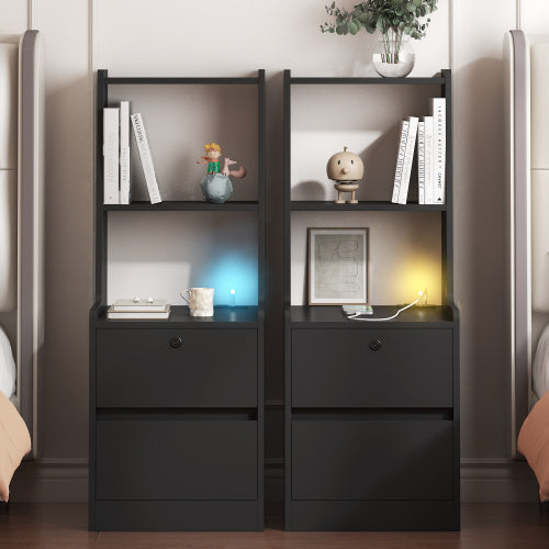 Black 2 Pack Smart Nightstand, Voice Control Night Light & Charging Station with Lockable Cabinet