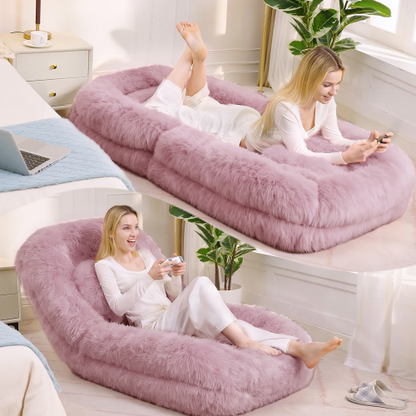 Pink Plush Faux-Fur Human Dog Bed 5-Position Adjustable Convertible Floor Gaming Sofa-Bed
