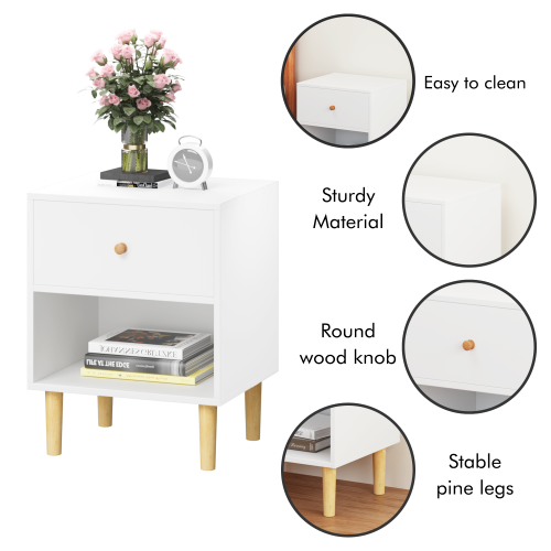 23.22''H Wooden Nightstand with One Drawer One Shelf for Kids, Adults, White