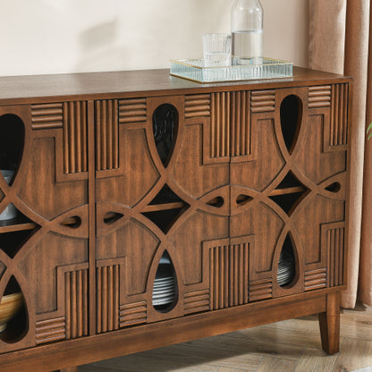 60.5 Inch Walnut Mid-Century Modern Sideboard Four-Door Adjustable Shelf TV Cabinet With Reserved Wire Holes