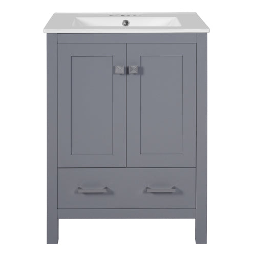 24-inch bathroom vanity with integrated undermount basin and a storage cabinet featuring 2 doors and 1 drawer. Includes double-layer door shelf, soft-close design, and versatile storage solutions