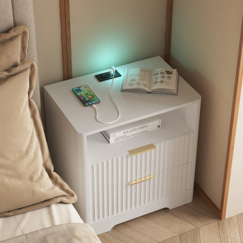 Smart Wooden Nightstand, Voice Control Night Light & Multi-Port Charging Station