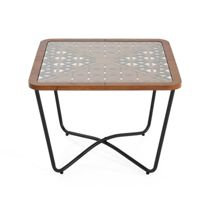 Modern Industrial Square Coffee Table Glass Top Metal Frame Wooden Accent Living Room Table