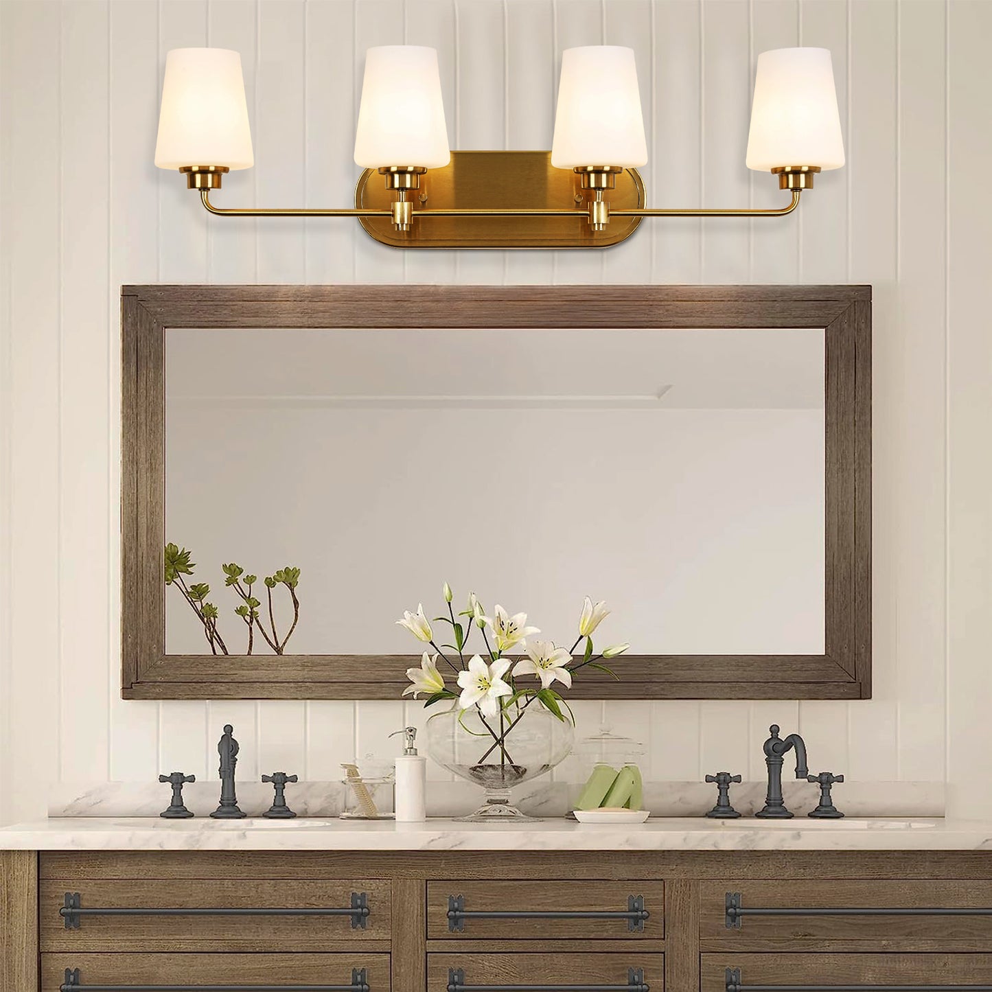 4-Light White Plus Gold Bathroom Vanity Light with Shade