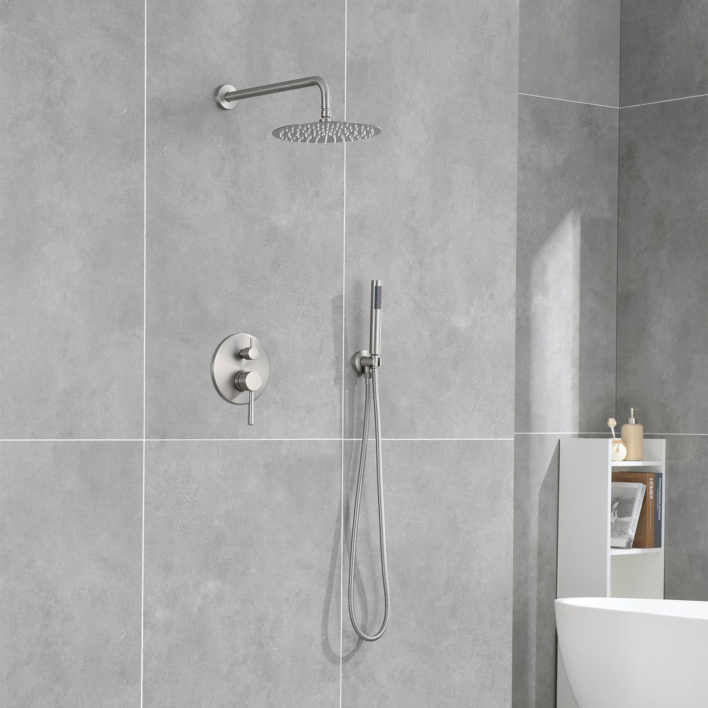 Double Handle 1-Spray Round Shower Faucet 2 GPM with 10 in. Rain Shower Head and Handheld in Brushed Nickel