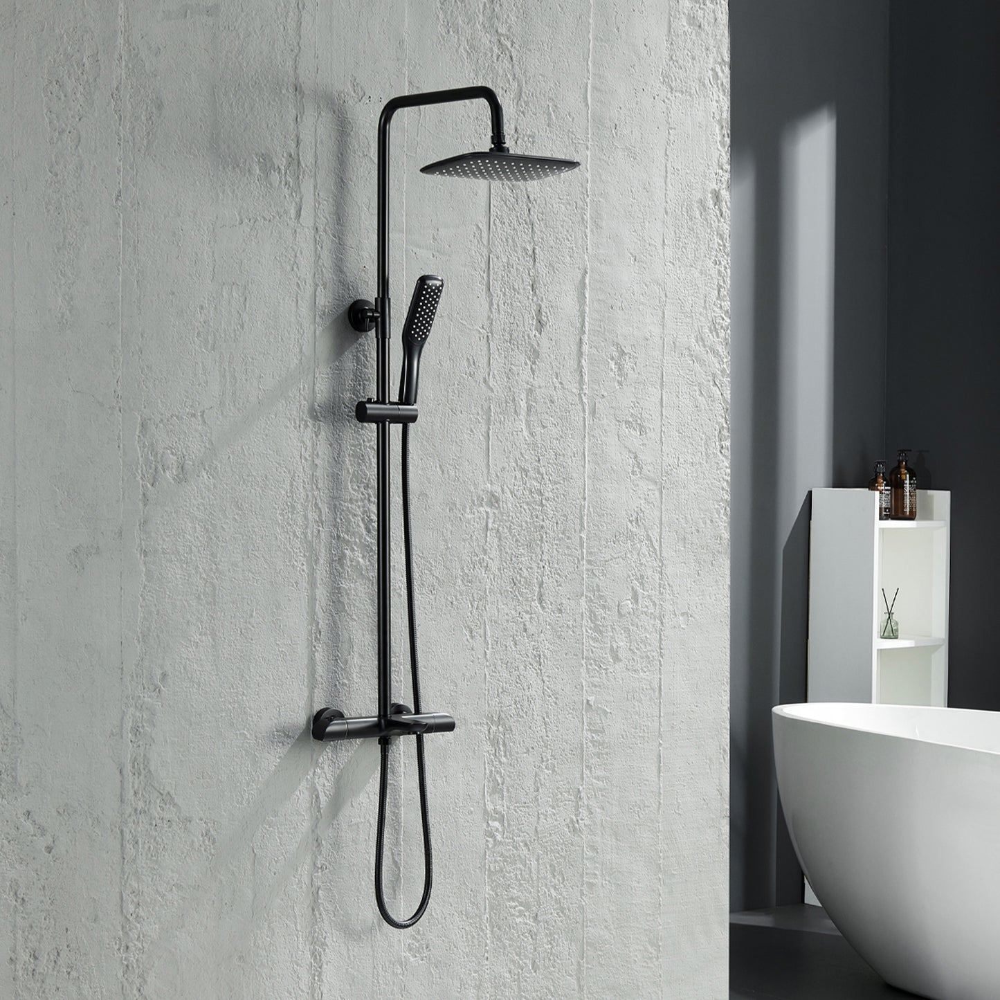 Modern Wall Bar Shower Kit 1-Spray 10 in. Square Rain Shower Head with Hand Shower in Matt Black