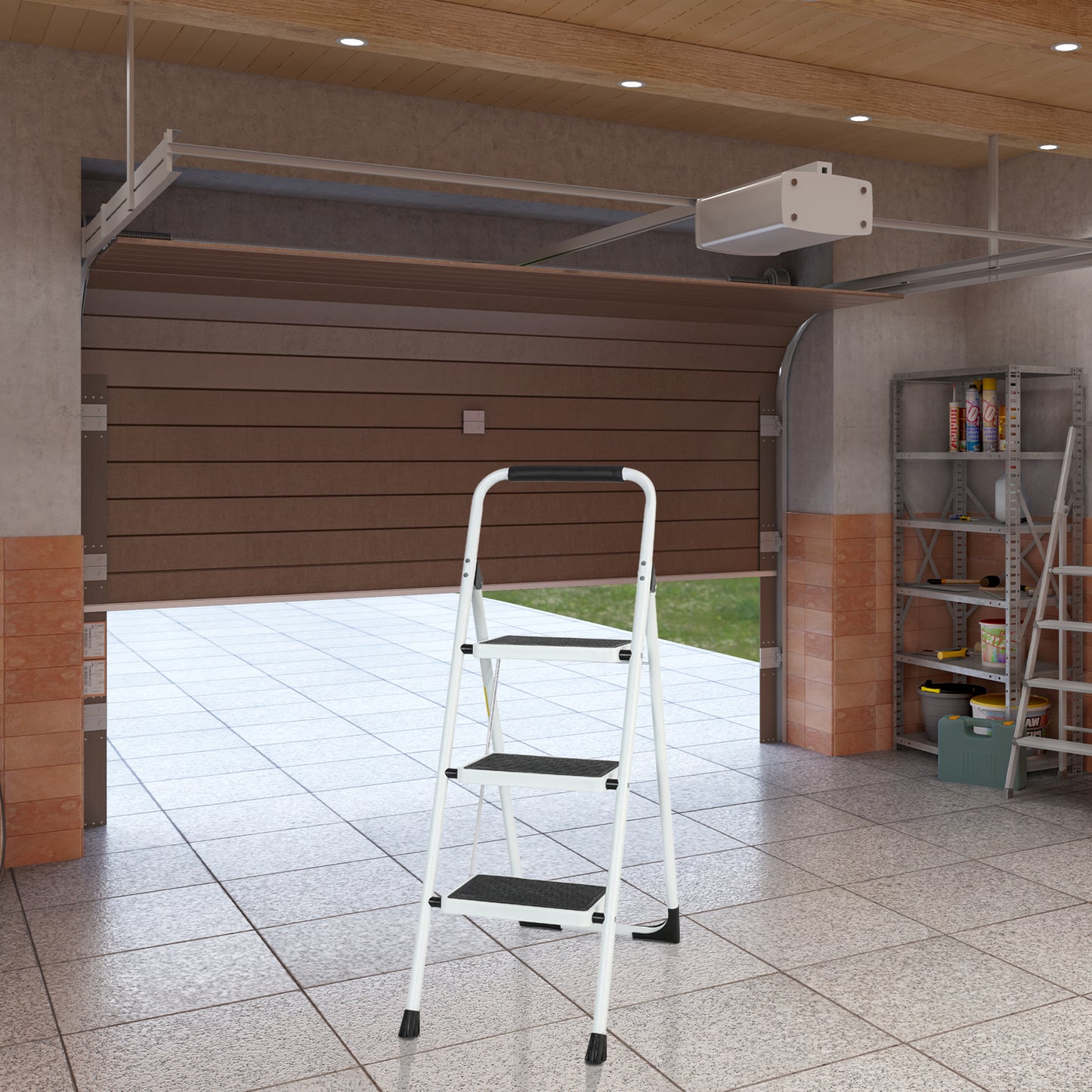 3-Step white Iron Ladder Foldable Non-slip Outdoor Ladder Loading 330 lbs. for Home, Kitchen, Office