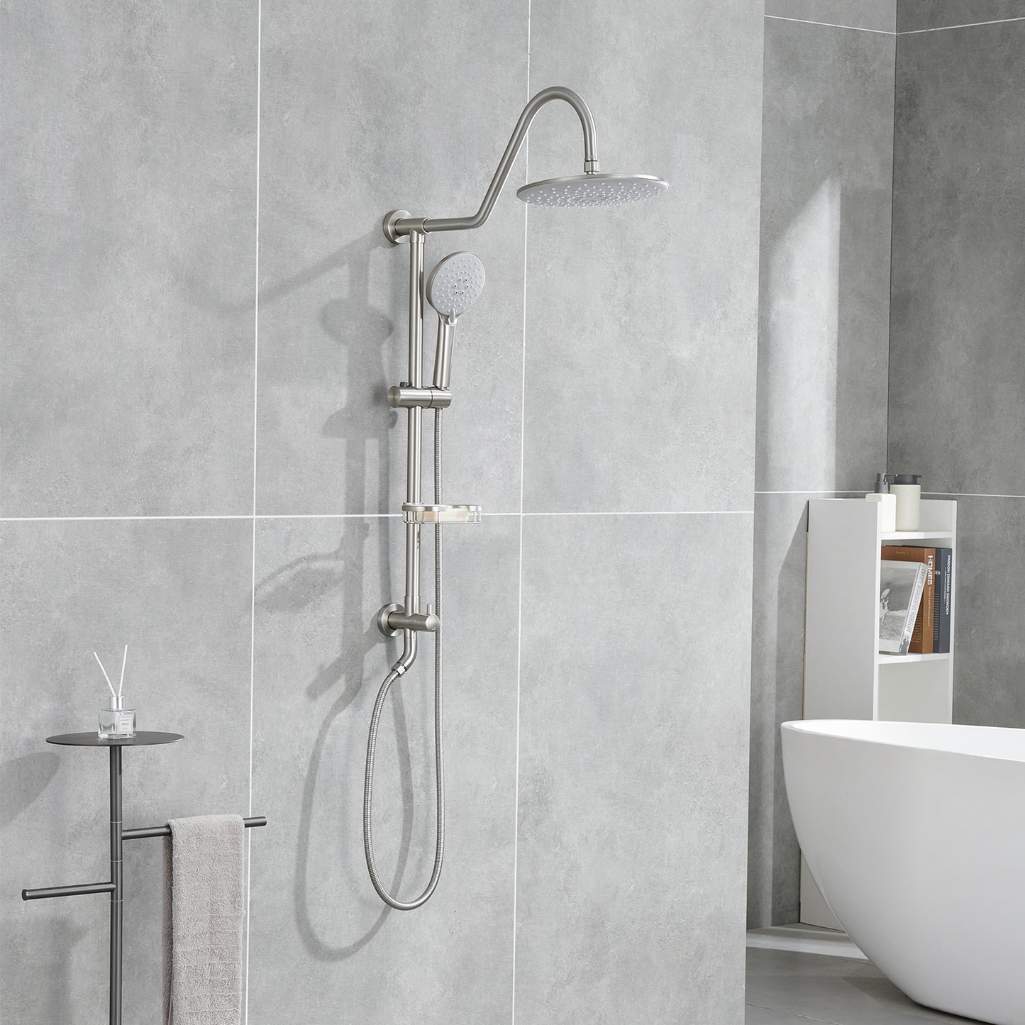 5 -Spray Patterns 8 in. 2.5 GPM Rain Wall Mount Dual Shower Heads with Handheld Shower System in Brushed Nickel