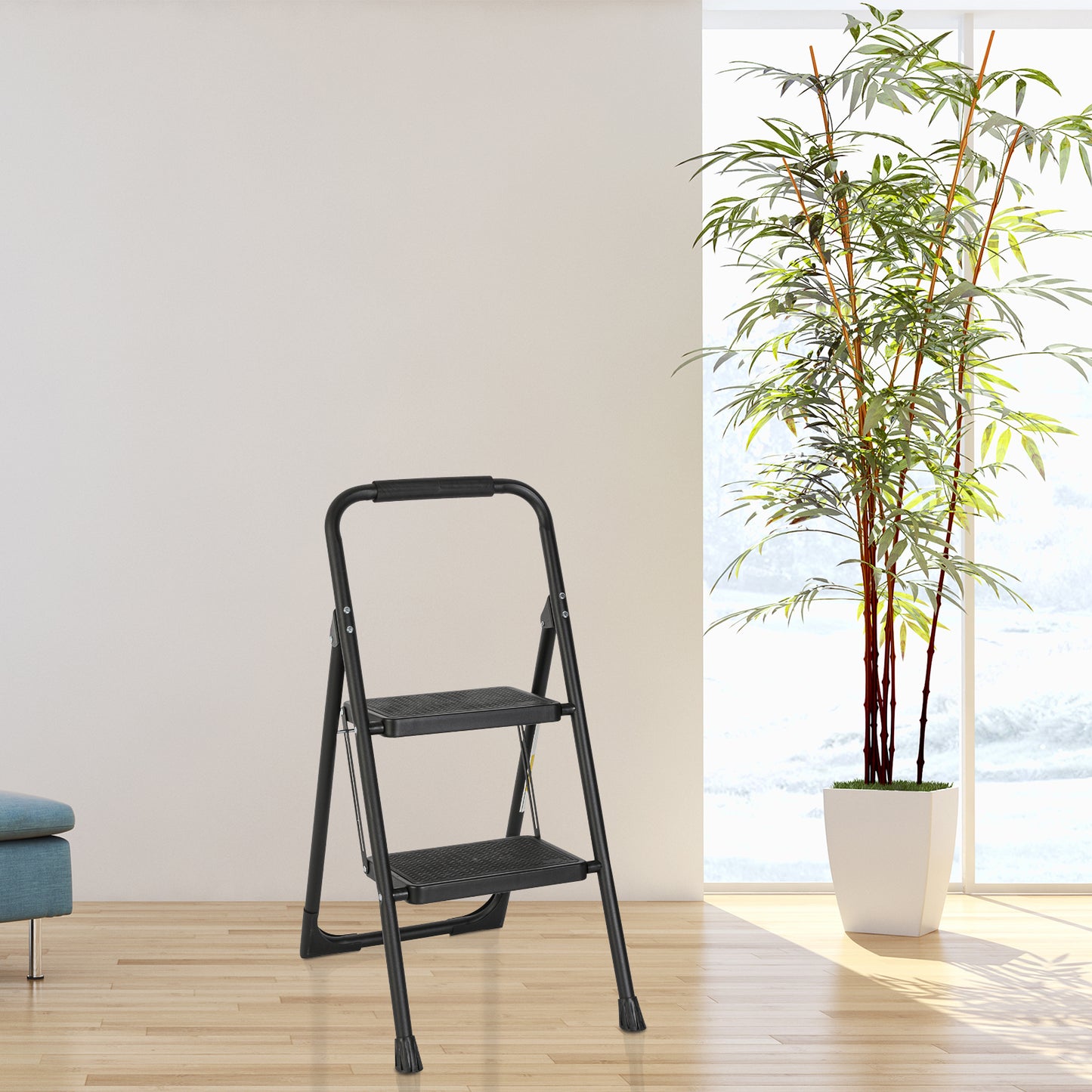 2-Step Black Iron Ladder Foldable Non-slip Outdoor Ladder Loading 330 lbs. for Home, Kitchen, Office