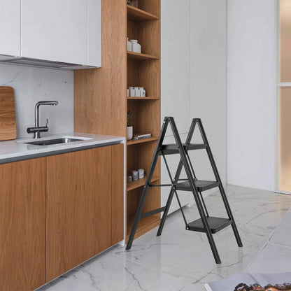 Foldable 3-step Iron Ladder, Load-Bearing Capacity 330 lbs., with Non-Slip and Widened Steps