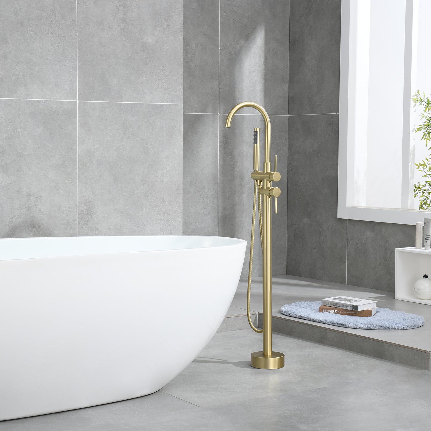 Single-Handle Free Standing Claw Foot Freestanding Tub Faucet with Handheld Shower in Brushed Gold