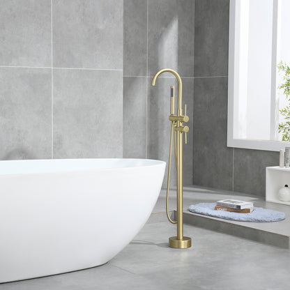 Single-Handle Free Standing Claw Foot Freestanding Tub Faucet with Handheld Shower in Brushed Gold