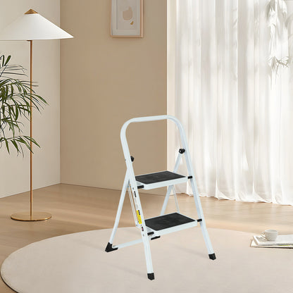 2-Step White Iron Ladder Foldable Non-slip Outdoor Ladder Loading 330 lbs. for Home, Kitchen, Office