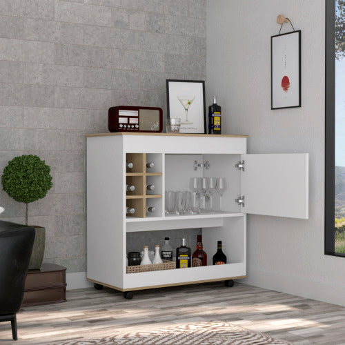 Bar Cart, Lower Panel, Six Bottle Cubbies, One Cabinet -Light Oak / White
