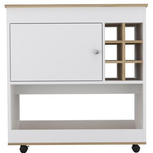 Bar Cart, Lower Panel, Six Bottle Cubbies, One Cabinet -Light Oak / White