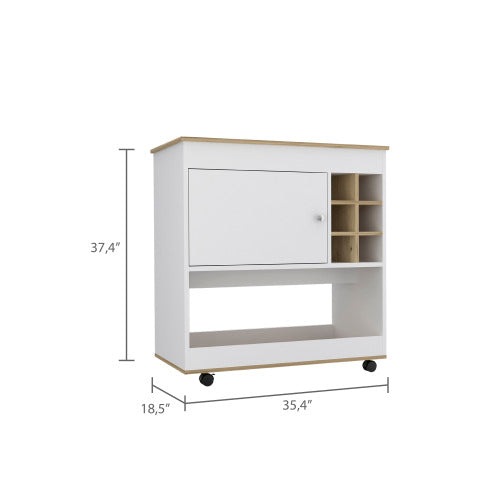 Bar Cart, Lower Panel, Six Bottle Cubbies, One Cabinet -Light Oak / White