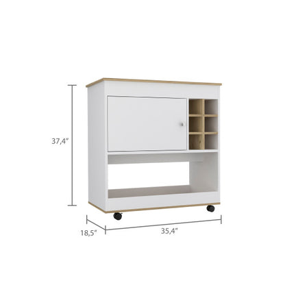 Bar Cart, Lower Panel, Six Bottle Cubbies, One Cabinet -Light Oak / White