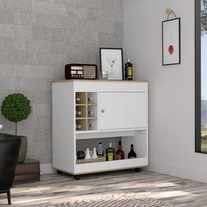 Bar Cart, Six Bottle Cubbies, One Cabinet, Four Casters, Light Oak / White