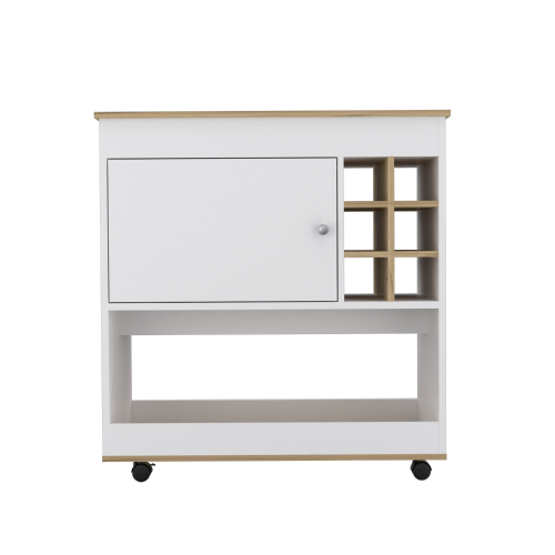 Bar Cart, Six Bottle Cubbies, One Cabinet, Four Casters, Light Oak / White