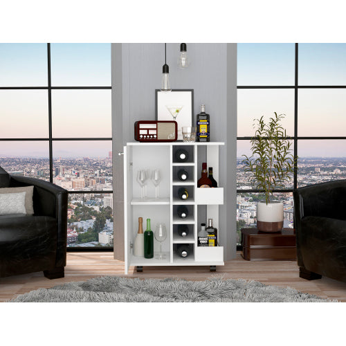 Bar Cart, Two External Shelves, Four Casters, Six Built-in Wine Rack, Single Door Cabinet -White