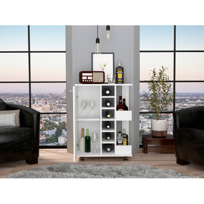 Bar Cart, Two External Shelves, Four Casters, Six Built-in Wine Rack, Single Door Cabinet -White