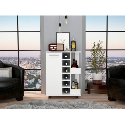 Bar Cart, Two External Shelves, Four Casters, Six Built-in Wine Rack, Single Door Cabinet -White