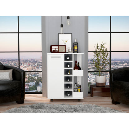 Bar Cart, Two External Shelves, Four Casters, Six Built-in Wine Rack, Single Door Cabinet -White