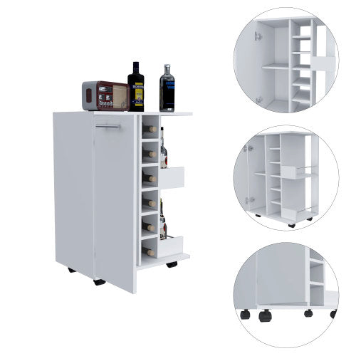 Bar Cart, Two External Shelves, Four Casters, Six Built-in Wine Rack, Single Door Cabinet -White