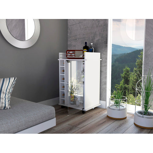 Bar Cart,Two Shelves, Six Built-in Wine Rack, Four Casters -White