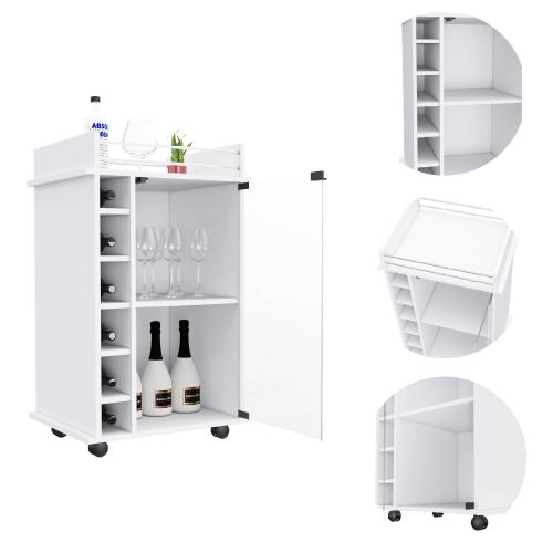 Bar Cart,Two Shelves, Six Built-in Wine Rack, Four Casters -White