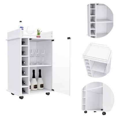 Bar Cart,Two Shelves, Six Built-in Wine Rack, Four Casters -White