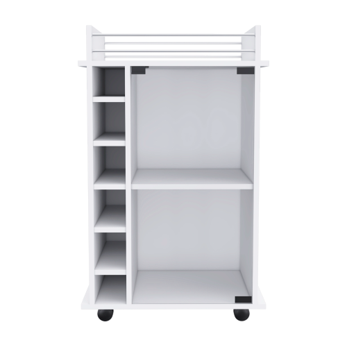 Bar Cart, Glass Door, Four Casters, Two Shelves, White
