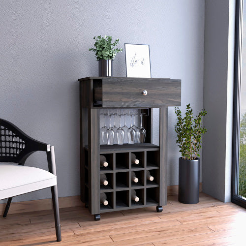 Bar Cart, Twelve Built-in Wine Rack, Four Legs, One Open Shelf -Espresso
