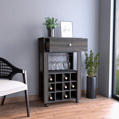 Bar Cart, Twelve Built-in Wine Rack, Four Legs, One Open Shelf -Espresso