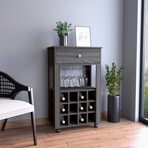 Bar Cart, Twelve Built-in Wine Rack, Four Legs, One Open Shelf -Espresso