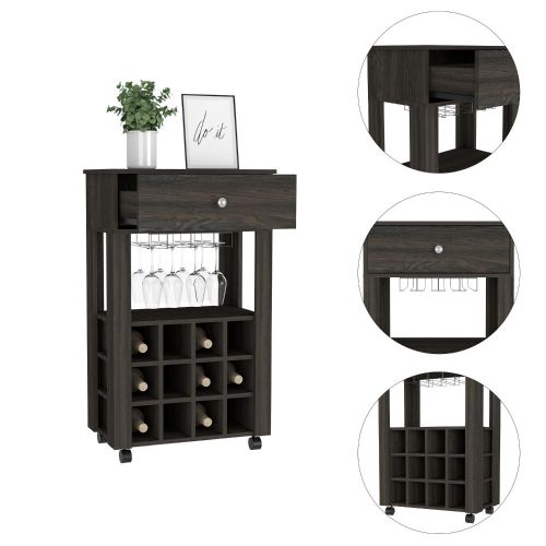 Bar Cart, Twelve Built-in Wine Rack, Four Legs, One Open Shelf -Espresso