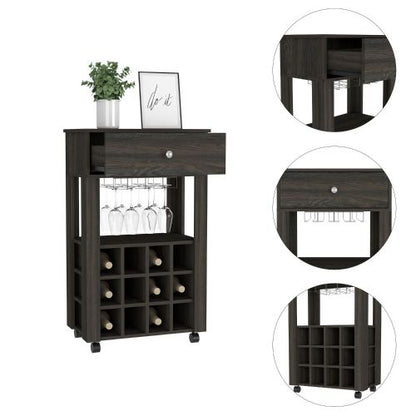 Bar Cart, Twelve Built-in Wine Rack, Four Legs, One Open Shelf -Espresso