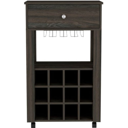 Bar Cart, Twelve Built-in Wine Rack, Four Legs, One Open Shelf -Espresso