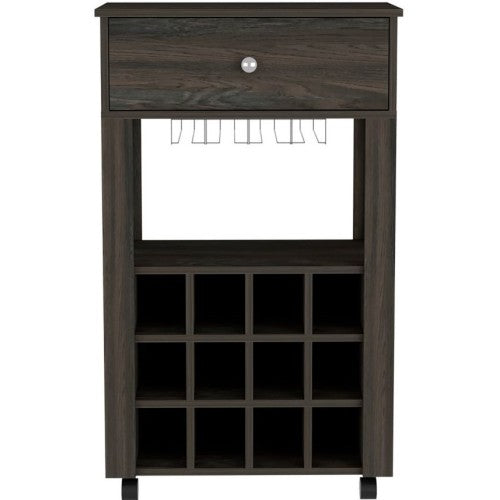 Bar Cart, Twelve Built-in Wine Rack, Four Legs, One Open Shelf -Espresso