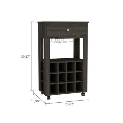 Bar Cart, Twelve Built-in Wine Rack, Four Legs, One Open Shelf -Espresso