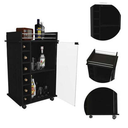 Bar Cart,Two Shelves, Six Built-in Wine Rack, Four Casters -Black