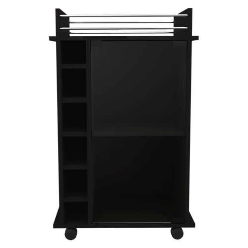 Bar Cart,Two Shelves, Six Built-in Wine Rack, Four Casters -Black