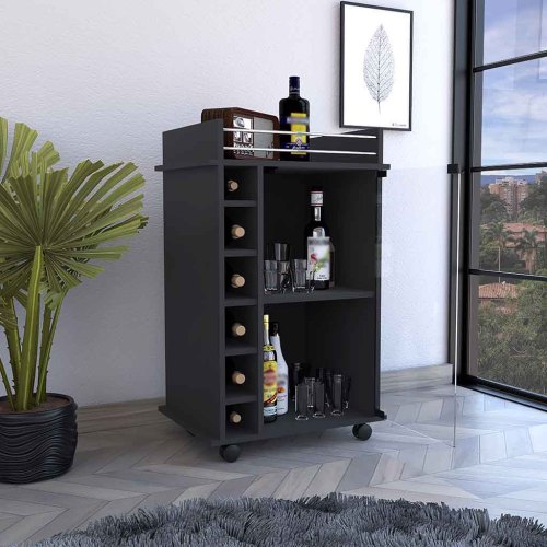 Bar Cart,Two Shelves, Six Built-in Wine Rack, Four Casters -Black