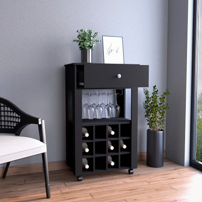 Bar Cart, Twelve Built-in Wine Rack, Four Legs, One Open Shelf -Black
