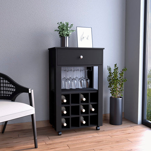 Bar Cart, Twelve Built-in Wine Rack, Four Legs, One Open Shelf -Black