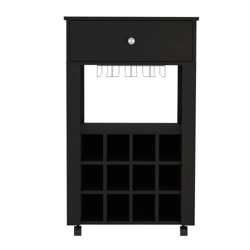 Bar Cart, Twelve Built-in Wine Rack, Four Legs, One Open Shelf -Black