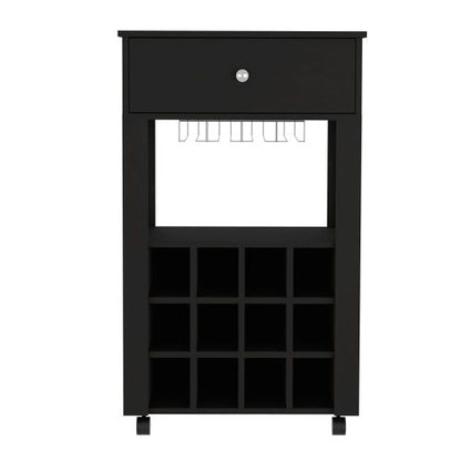 Bar Cart, Twelve Built-in Wine Rack, Four Legs, One Open Shelf -Black