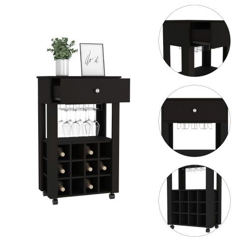 Bar Cart, Twelve Built-in Wine Rack, Four Legs, One Open Shelf -Black